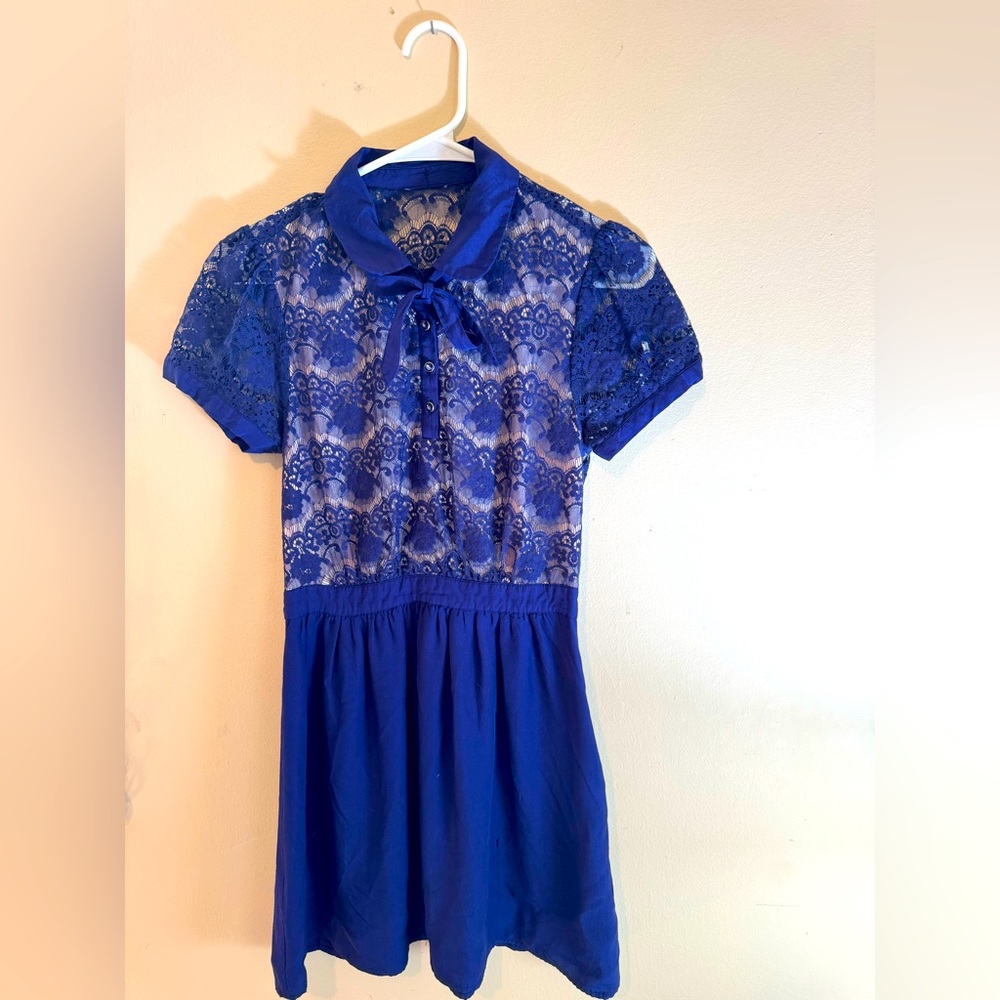 Royal Blue Lace Dress w/ Peter Pan Collar & Bow  See Through Back – Small